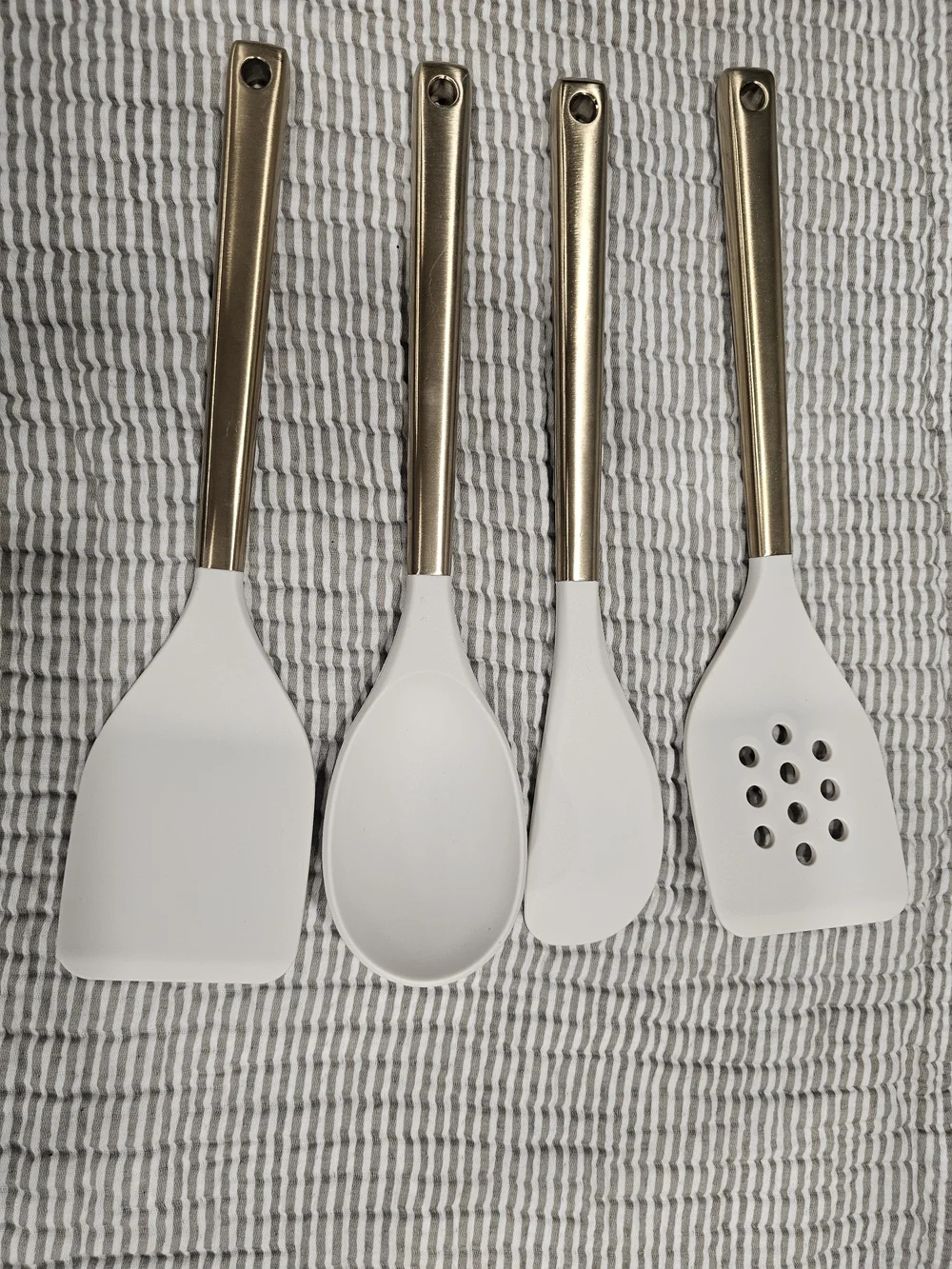 Figmint 4pc Silicone Utensil Set White/Gold Stainless Handles, Hanging Hole
